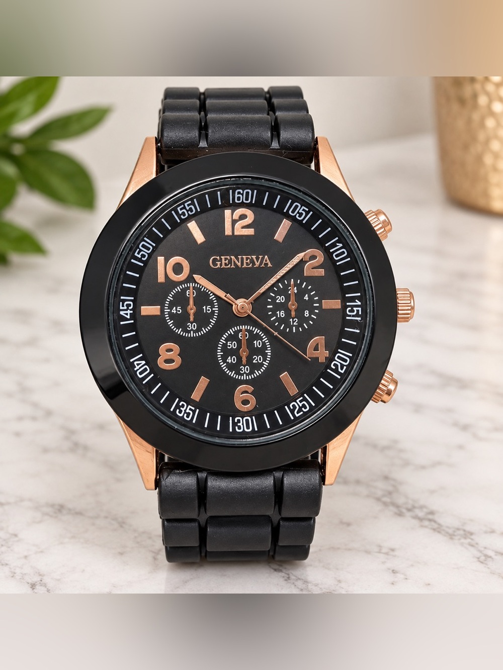 Geneva Black & Rose Gold Quartz Watch – Silicone Band – New Battery EUC